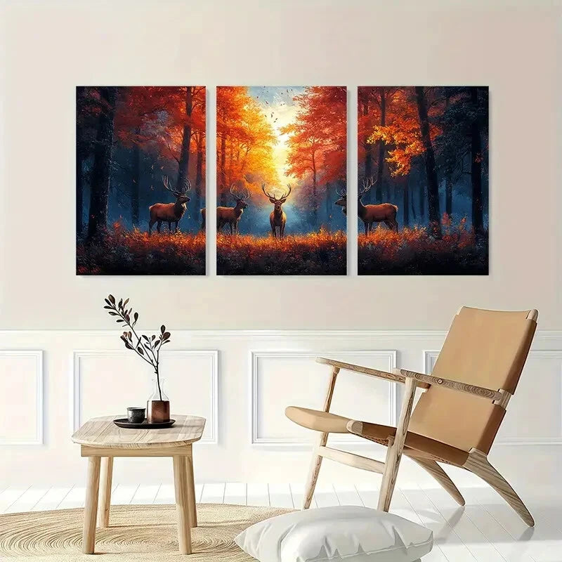 3pcs Rustic Deer Autumn Forest Landscape Wall Art Set Canvas Framed 60x90cm - High Quality Print 100% Australian Made Wall Canvas Ready to Hang - Bella Home Decor