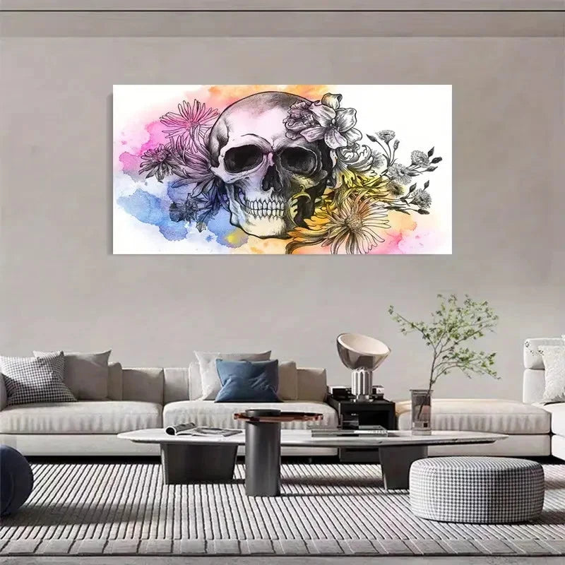 Vibrant Floral Skull Design Wall Art Canvas Office Home Room Framed 120x60cm