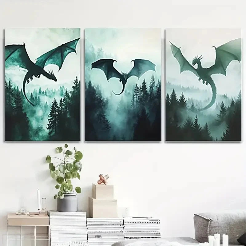3pcs Forest & Dragon Fantasy DF Wall Art Set Canvas Framed 50x70cm - High Quality Print 100% Australian Made Wall Canvas Ready to Hang - Bella Home Decor