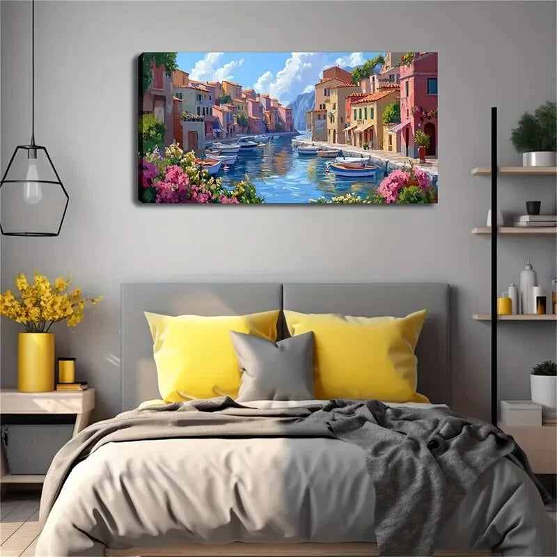 Realistic Venetian Seaside Land Wall Art Canvas Office Home Room Framed 120x60cm