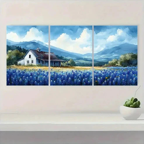 3pcs Bluebonnets Field & White Barn HJ Wall Art Set Canvas Unframed - High Quality Print 100% Australian Made Wall Canvas - Bella Home Decor
