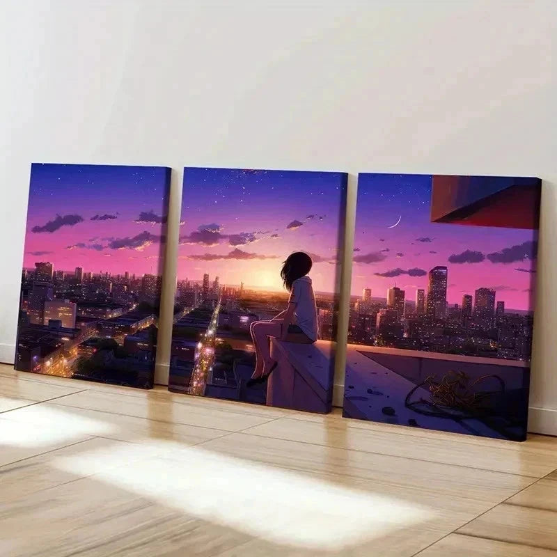 3pcs Girl Calm Sunset & City Night View Wall Art Set Canvas Framed 60x90cm - High Quality Print 100% Australian Made Wall Canvas Ready to Hang - Bella Home Decor