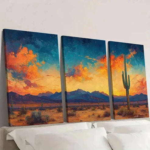 3pcs Painting of Saguaro Cactus Colorful Desert Wall Art Set Canvas Unframed - High Quality Print 100% Australian Made Wall Canvas