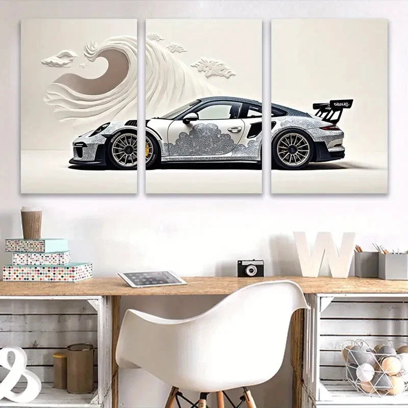 3pcs White Sports Car Wall Art Set Canvas Framed 60x90cm - High Quality Print 100% Australian Made Wall Canvas Ready to Hang