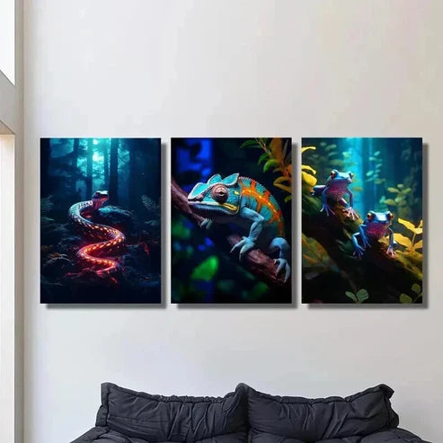 3pcs Colorful Chameleon Snake & Psychedelic Frog Wall Art Canvas Unframed - High Quality Print 100% Australian Made Wall Canvas - Bella Home Decor