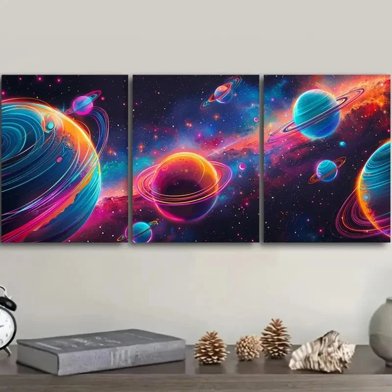 3pcs Neon Galaxy Design with Planets & Stars Wall Art Set Canvas Framed 60x90cm - High Quality Print 100% Australian Made Wall Canvas Ready to Hang