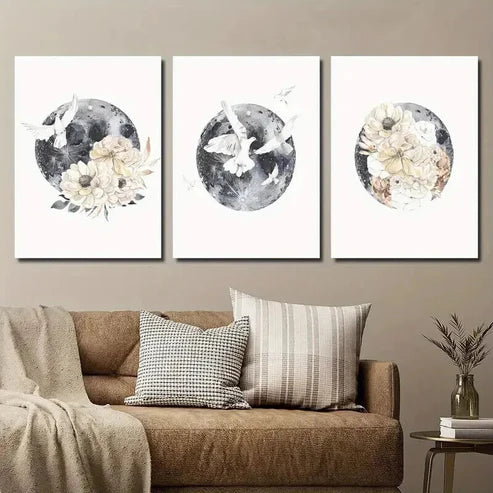 3pcs Moon and Bird Animal Floral Wall Art Set Canvas Unframed - High Quality Print 100% Australian Made Wall Canvas