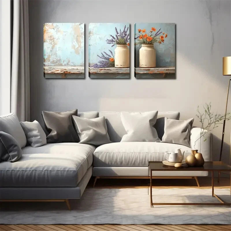 3pcs White Pots Lavender & Orange Flower Perfect Wall Art Set Canvas Framed 40x60cm - High Quality Print 100% Australian Made Wall Canvas Ready to Hang - Bella Home Decor