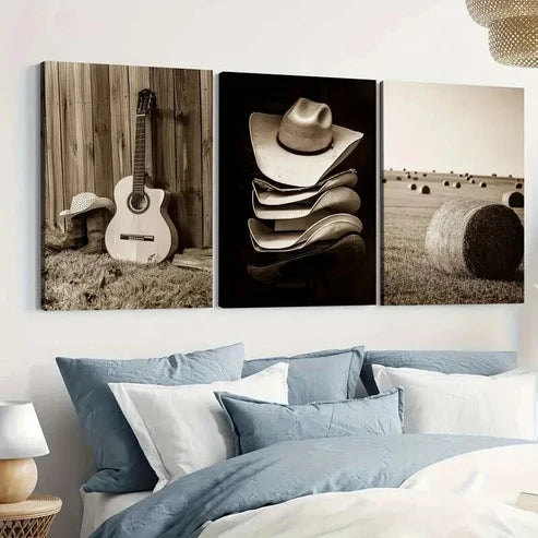 3pcs Hats & Haystacks Music Guitars Vintage Wall Art Canvas Unframed - High Quality Print 100% Australian Made Wall Canvas