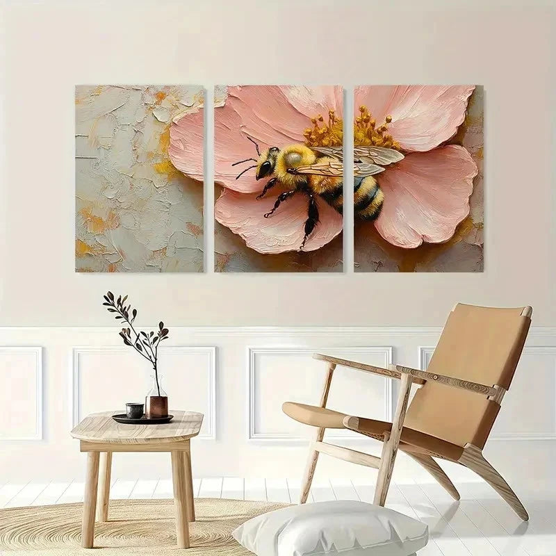 3pcs Honey Bee Yellow Sweet Bumblebee Perfect Wall Art Set Canvas Framed 60x90cm - High Quality Print 100% Australian Made Wall Canvas Ready to Hang - Bella Home Decor
