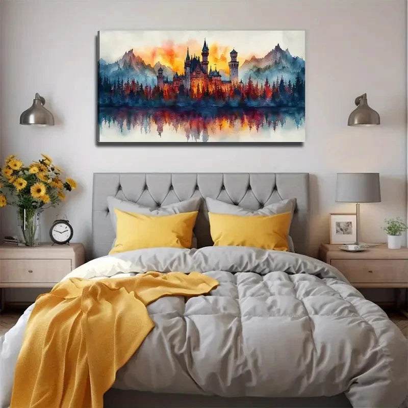 Sunset Glow Pine Tree Castle Wall Art Canvas Office Home Room Framed 120x60cm