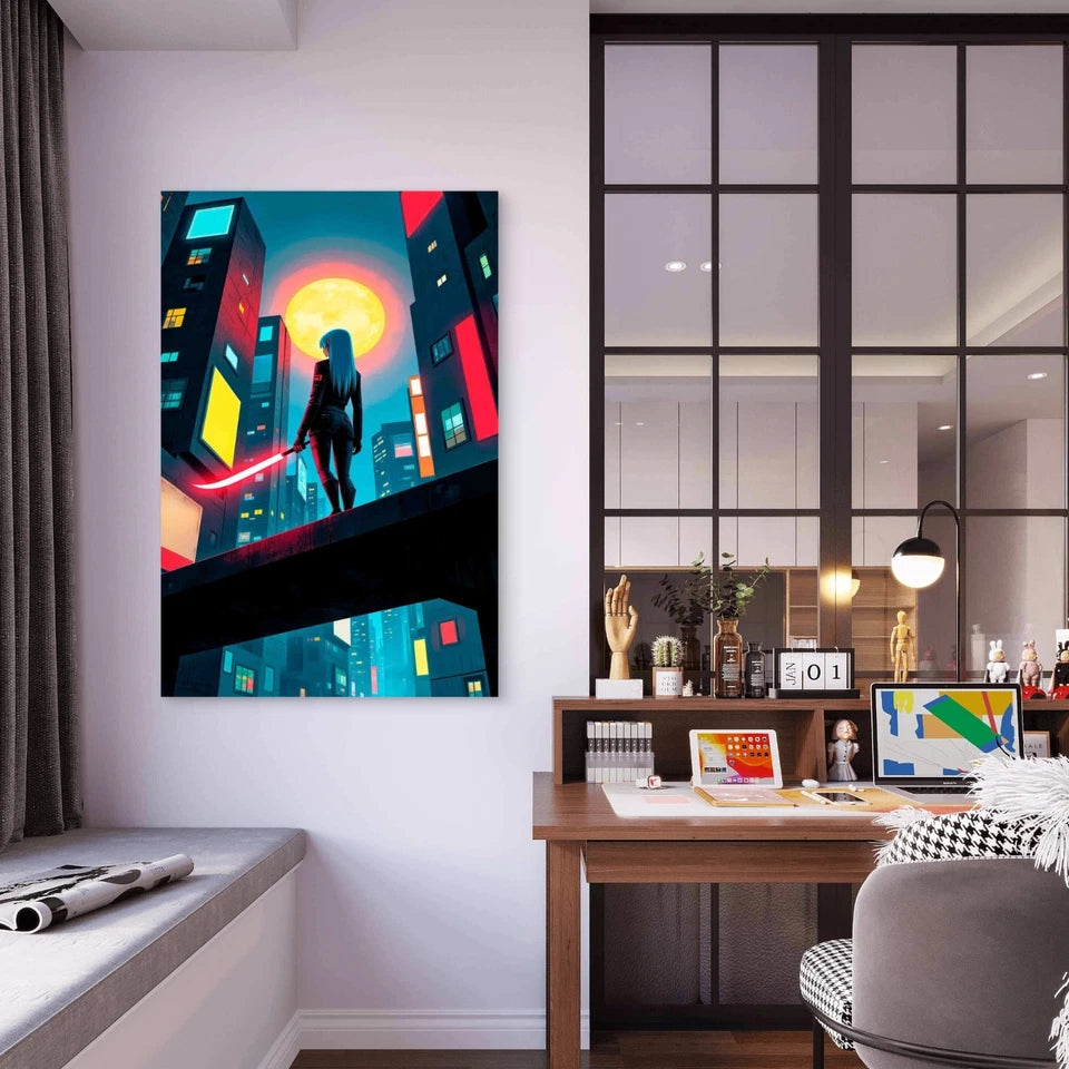 Cyberpunk Warrior With Glowing Katana Neon 40x60cm Metal Print Ready to Hang