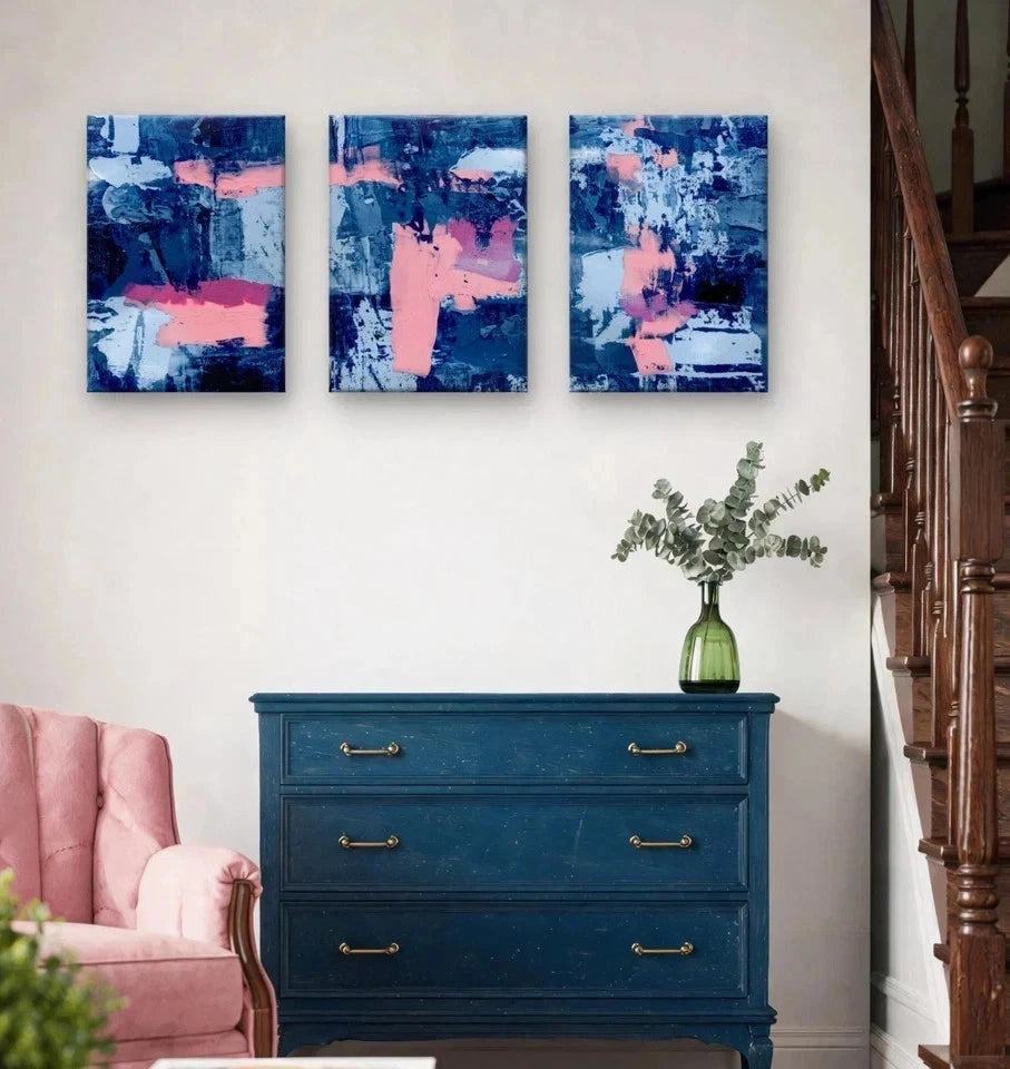 3pcs Navy Blue and Pink Abstract Expressionism Wall Art Set Canvas Framed 60x90cm - High Quality Print 100% Australian Made Wall Canvas Ready to Hang