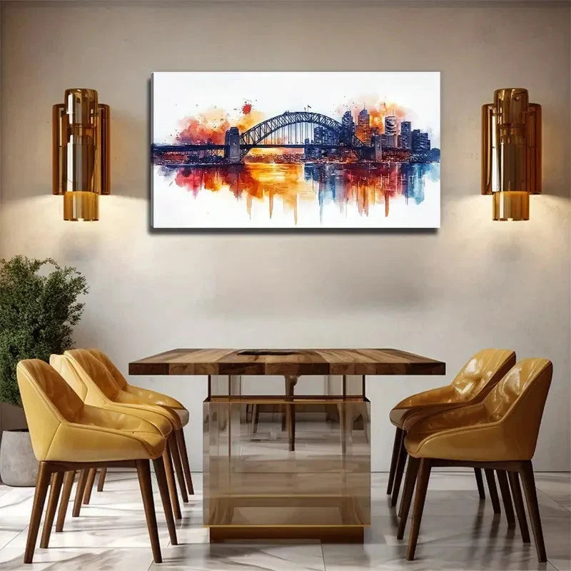 Watercolor Iron Bridge City Wall Art Canvas Office Home Room Framed 120x60cm