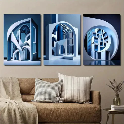 3pcs Modern Abstract Blue Geometric Cityscape Wall Art Set Canvas Unframed - High Quality Print 100% Australian Made Wall Canvas