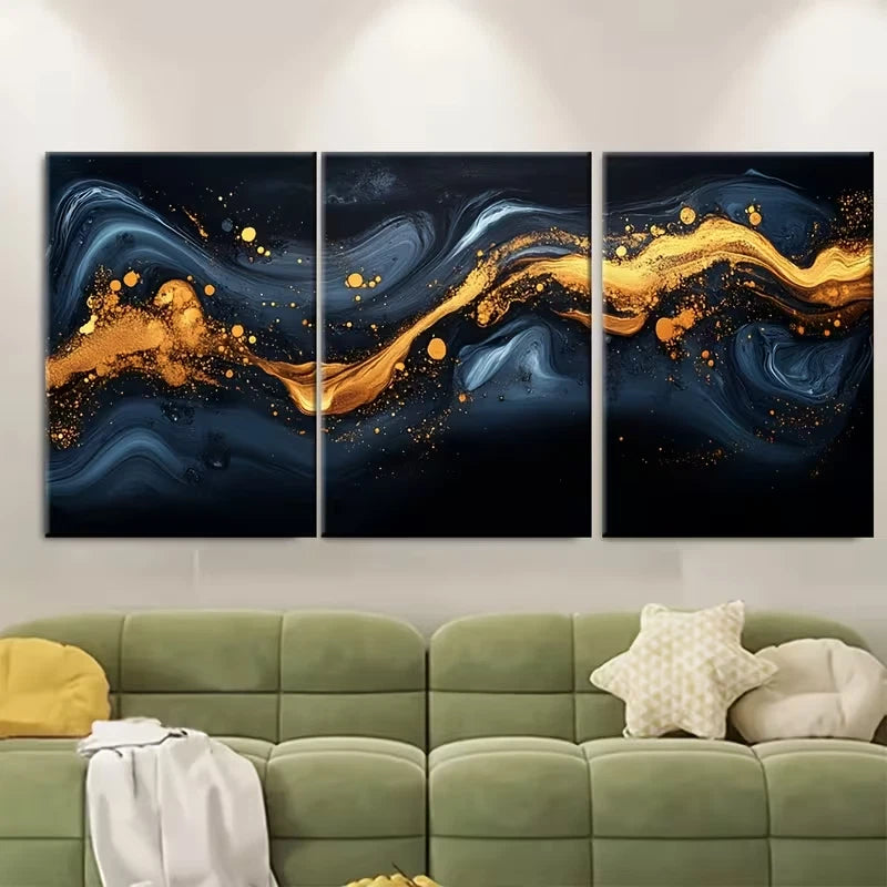 3pcs Elegant Abstract Dark Ink with Golden Accents Metal Print Ready to Hang Art