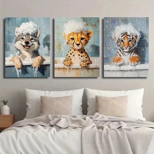 3pcs Cute Wolf Cheetah Tiger in Bubble Bath Wall Art Set Canvas Unframed - High Quality Print 100% Australian Made Wall Canvas - Bella Home Decor