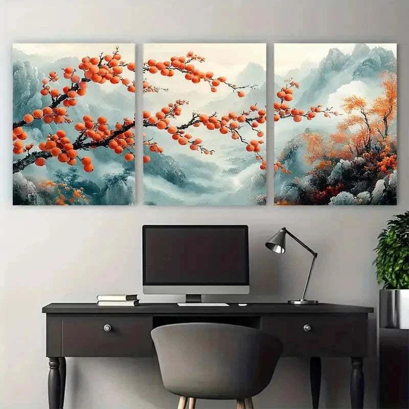 3pcs Elegant Persimmon Branch Ink Perfect Wall Art Set Canvas Framed 50x70cm - High Quality Print 100% Australian Made Wall Canvas Ready to Hang