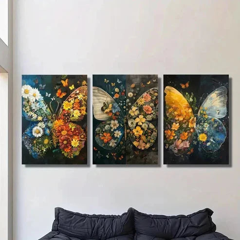 3pcs Butterflies and Botanical Flowers Wall Art Set Canvas Unframed - High Quality Print 100% Australian Made Wall Canvas - Bella Home Decor