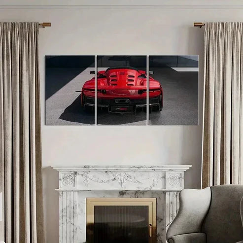 3pcs Vibrant Red Supercar Design Wall Art Canvas Unframed - High Quality Print 100% Australian Made Wall Canvas