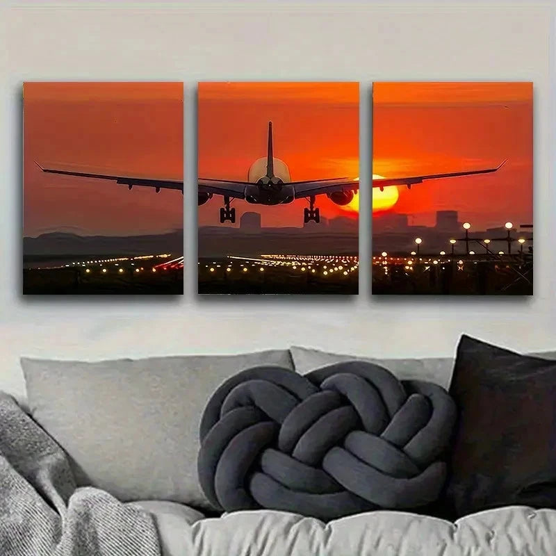3pcs Sunset Flight Over Cityscape Wall Art Set Canvas Framed 60x90cm - High Quality Print 100% Australian Made Wall Canvas Ready to Hang