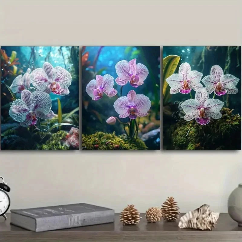 3pcs Purple striped orchids grow on moss Wall Art Set Canvas Framed 50x70cm - High Quality Print 100% Australian Made Wall Canvas Ready to Hang