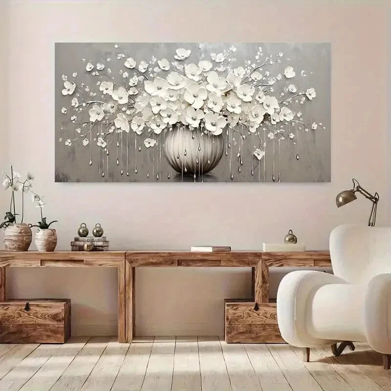 Elegant White Flower Vase wall canvas office home room framed 120x60cm - Bella Home Decor
