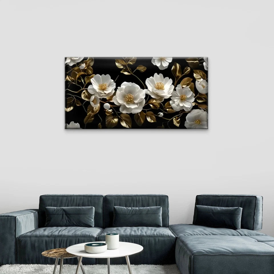 Black White Floral Pattern Gold Wall Art Canvas Office Home Room Framed 120x60cm