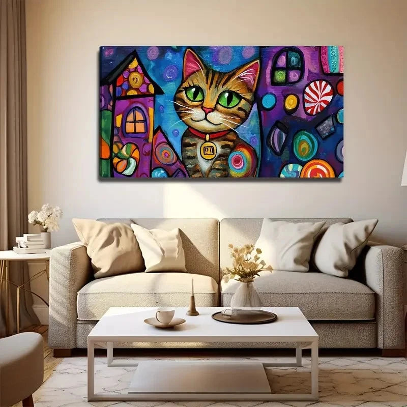 Cartoon Cat Aesthetic Deco Wall Art Canvas Office Home Room Framed 120x60cm