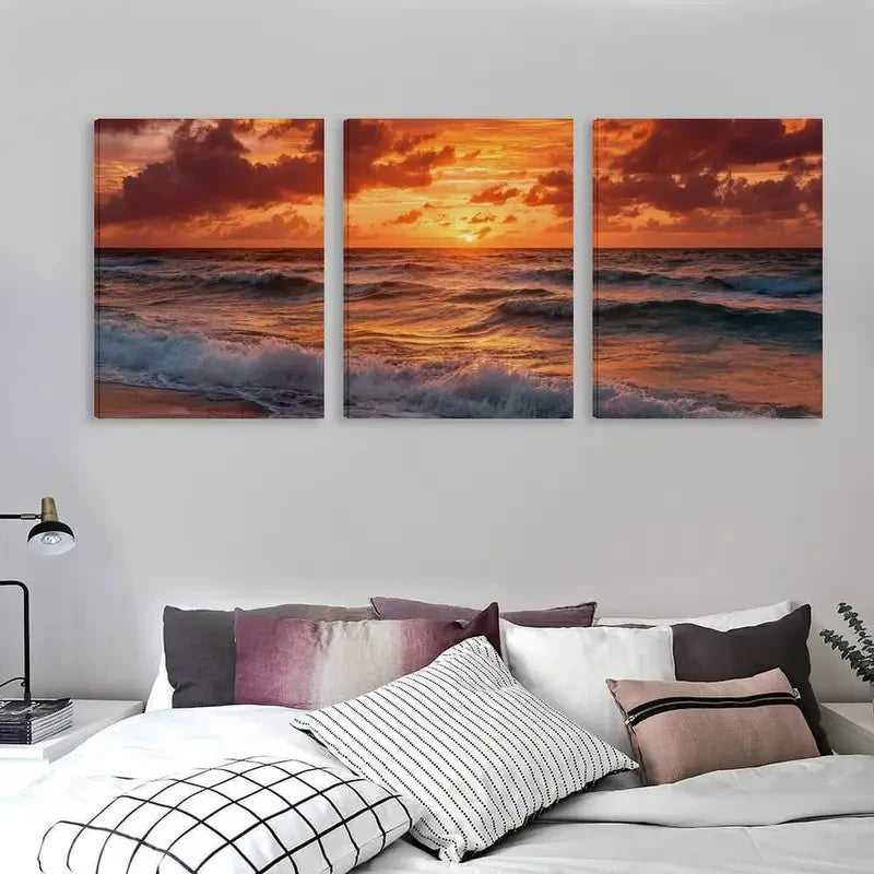 3pcs Orange Red Yellow Pink Blue Ocean Sunset Wall Art Set Canvas Framed 50x70cm - High Quality Print 100% Australian Made Wall Canvas Ready to Hang