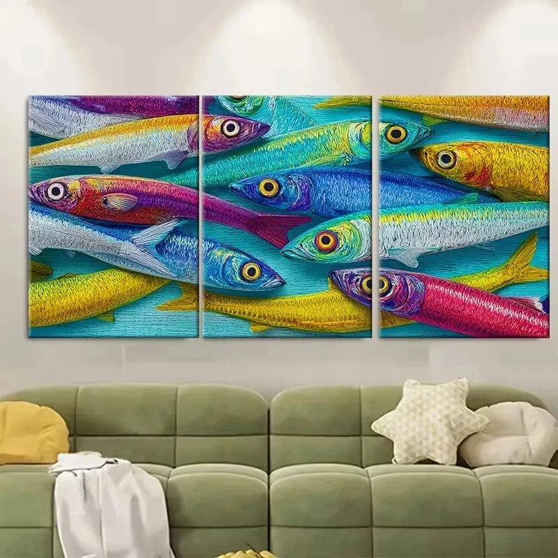 3pcs Sardines Print, Summer Coastal Wall Art Canvas Framed 50x70cm - High Quality Print 100% Australian Made Wall Canvas Ready to Hang
