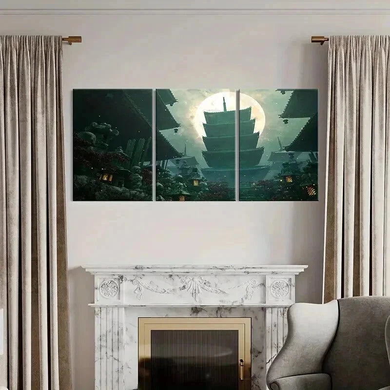 3pcs Japanese Style Shrine & Moon Landscape Wall Art Set Canvas Framed 50x70cm - High Quality Print 100% Australian Made Wall Canvas Ready to Hang - Bella Home Decor