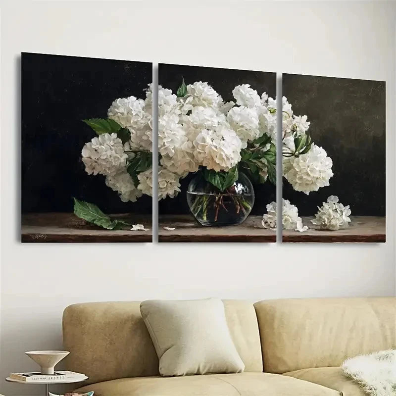 3pcs Moody Hydrangea Elegance Dark Academia Wall Art Set Canvas Framed 50x70cm - High Quality Print 100% Australian Made Wall Canvas Ready to Hang