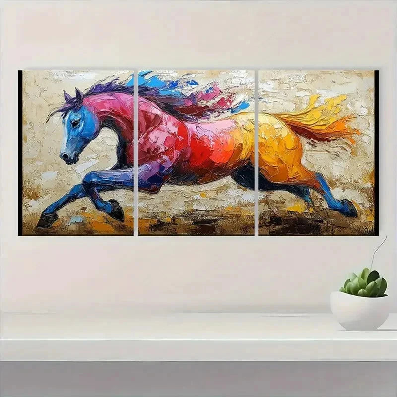 3pcs Galloping Horse Painting BK Wall Art Set Canvas Framed 40x60cm - High Quality Print 100% Australian Made Wall Canvas Ready to Hang - Bella Home Decor