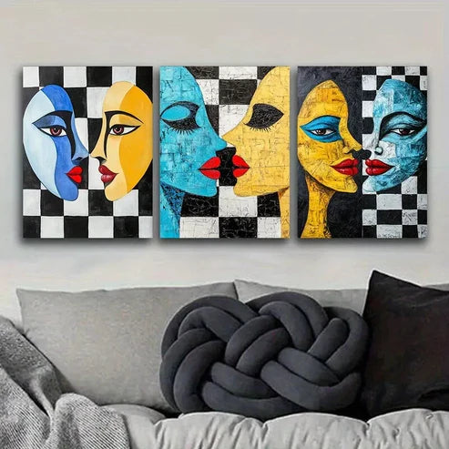 3pcs Two Strange Faces Looking At Each Other Wall Art Set Wall Art Canvas Unframed - High Quality Print 100% Australian Made Wall Canvas
