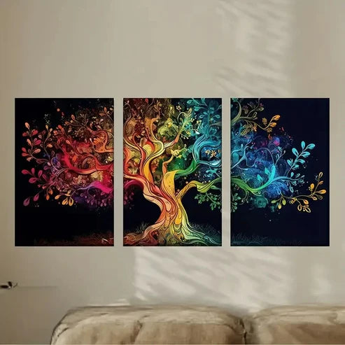3pcs a colorful tree with many leaves & flowers Wall Art Set Canvas Unframed - High Quality Print 100% Australian Made Wall Canvas - Bella Home Decor