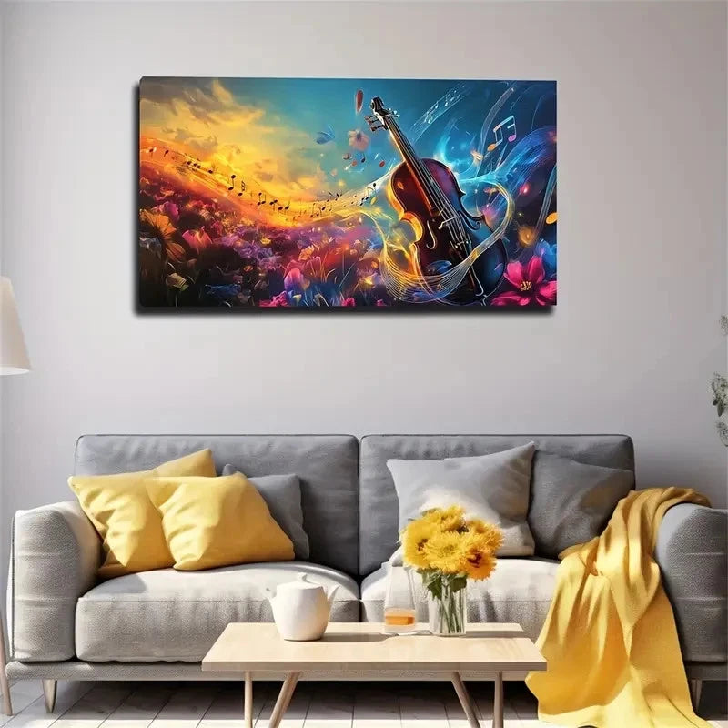 Vibrant Floral Landscape Violin Wall Art Canvas Office Home Room Framed 120x60cm