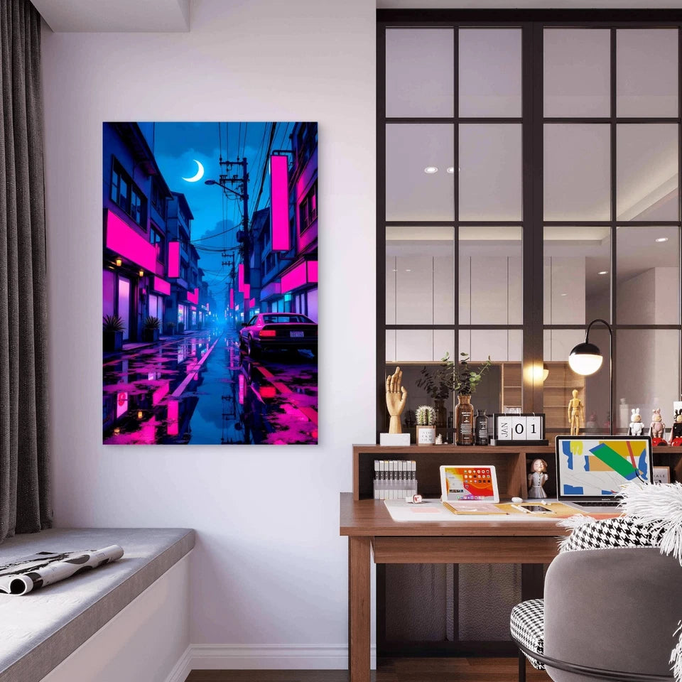 Neon City Street Night 40x60cm Metal Print Ready to Hang