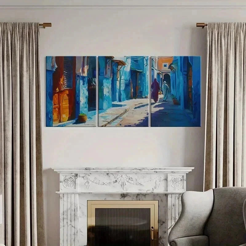 3pcs Vintage Blue Alley Moroccan Architecture Wall Art Set Canvas Framed 40x60cm - High Quality Print 100% Australian Made Wall Canvas Ready to Hang - Bella Home Decor
