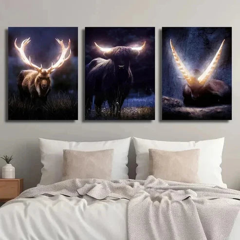 3pcs Stunning Horned Creatures in Dark Forest Wall Art Canvas Unframed - High Quality Print 100% Australian Made Wall Canvas