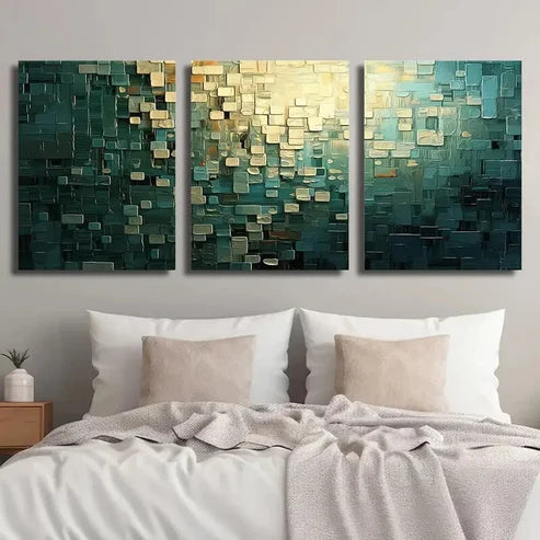 3pcs Abstract Golden & Cyan Decor Wall Art Set Canvas Unframed - High Quality Print 100% Australian Made Wall Canvas - Bella Home Decor