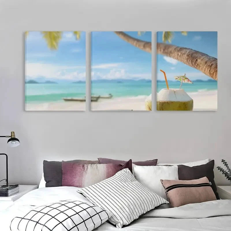 3pcs Turquoise Bay Australia Coconut Drink Wall Art Set Canvas Framed 60x90cm - High Quality Print 100% Australian Made Wall Canvas Ready to Hang