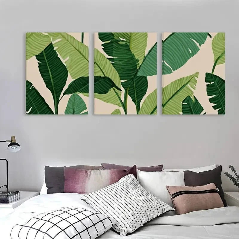 3pcs Elegant Green Banana Leaves Wall Art Set Canvas Framed 50x70cm - High Quality Print 100% Australian Made Wall Canvas Ready to Hang