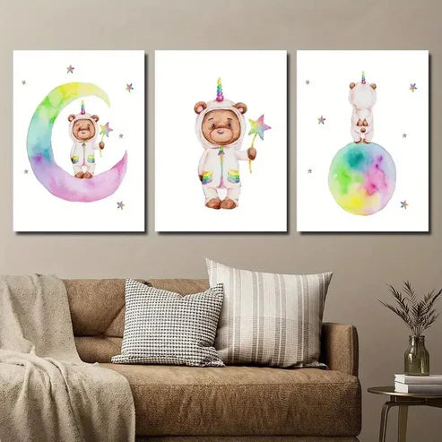 3pcs Watercolor Style Unicorn Bear Wall Art Set Canvas Unframed - High Quality Print 100% Australian Made Wall Canvas