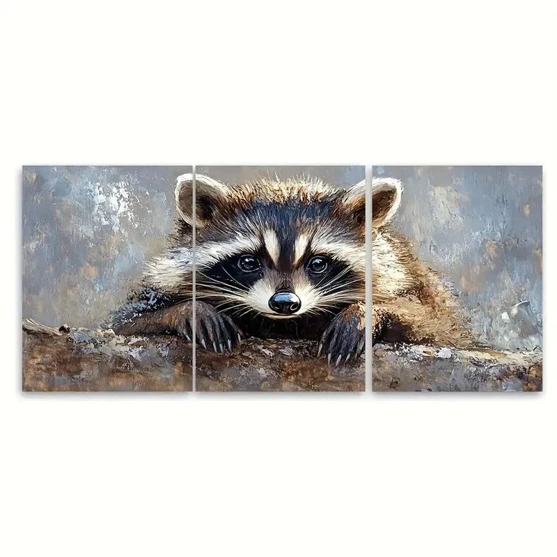 3pcs Raccoon Painting Animal SI Wall Art Set Canvas Framed 50x70cm - High Quality Print 100% Australian Made Wall Canvas Ready to Hang
