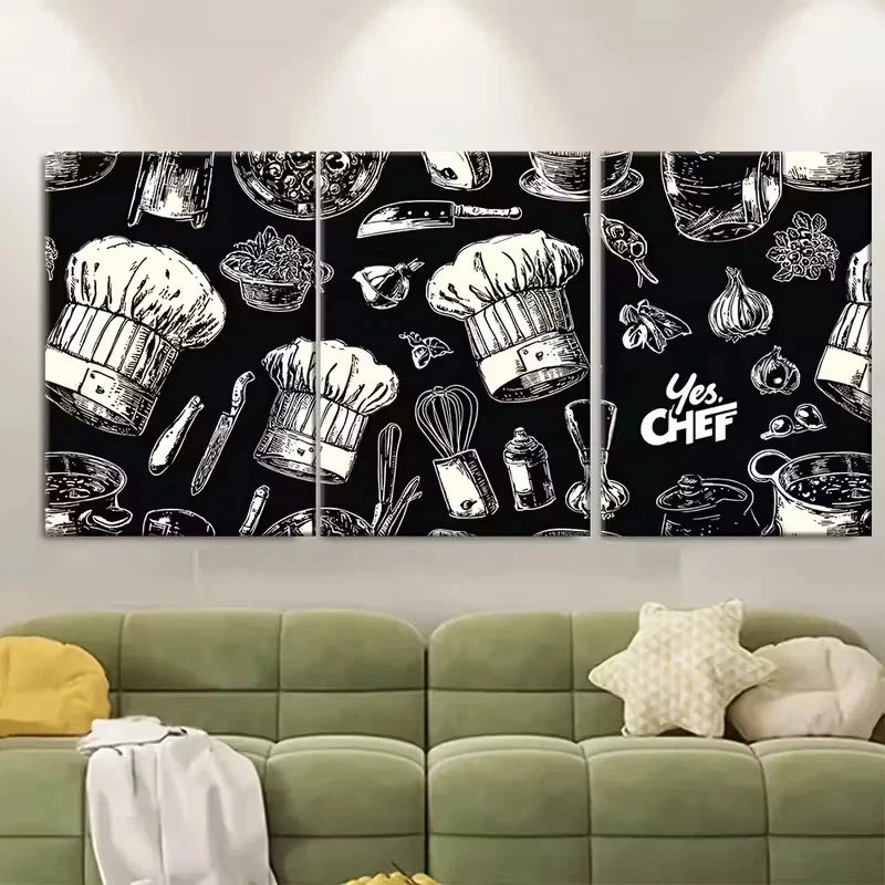 3pcs Chef Hats, Spatulas & Utensils Design Wall Art Set Canvas Framed 40x60cm - High Quality Print 100% Australian Made Wall Canvas Ready to Hang - Bella Home Decor