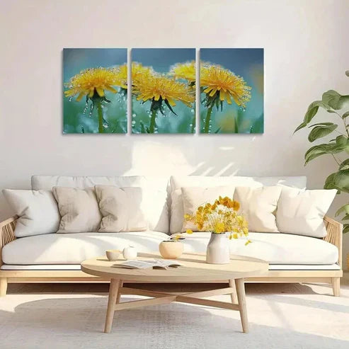 3pcs Morning Dewdrops on Yellow Flowers Art Set Canvas Unframed - High Quality Print 100% Australian Made Wall Canvas
