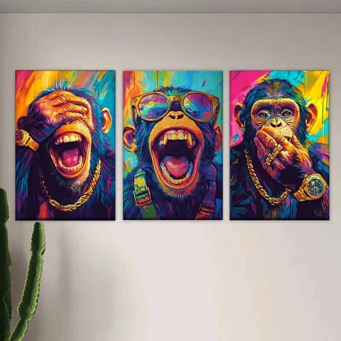 3pcs Featuring Three Monkeys with Open Mouths Wall Art Set Canvas Unframed - High Quality Print 100% Australian Made Wall Canvas