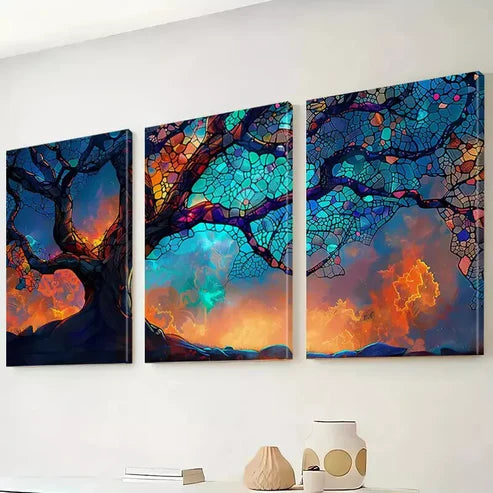 3pcs Abstract Fiery Dreamscape Cosmic Tree Art Set Canvas Unframed - High Quality Print 100% Australian Made Wall Canvas - Bella Home Decor