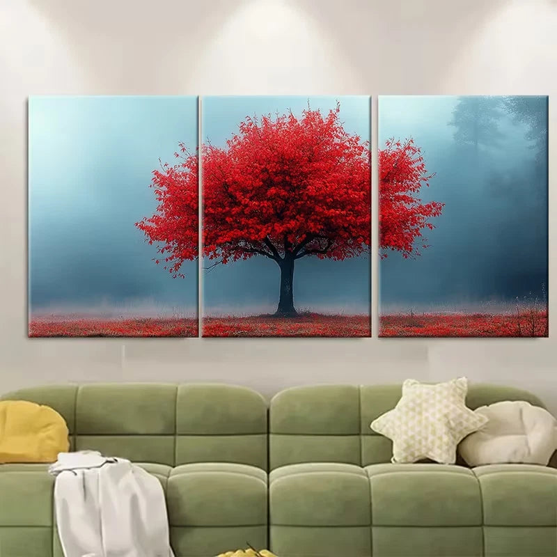 3pcs Red Tree with Misty Morning Sky Metal Print Ready to Hang Art